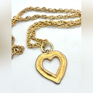 Vintage Matte Gold Tone Heart Pendant Necklace Heavy Chain 20” 90s Runway